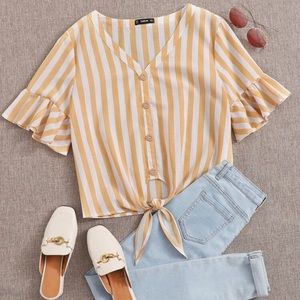 V-neck Ruffle cuff knot striped top